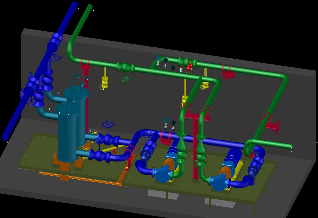 Renk kodlu proses boruları, vanalar ve pompalarla bir pompa skidinin 3D modeli