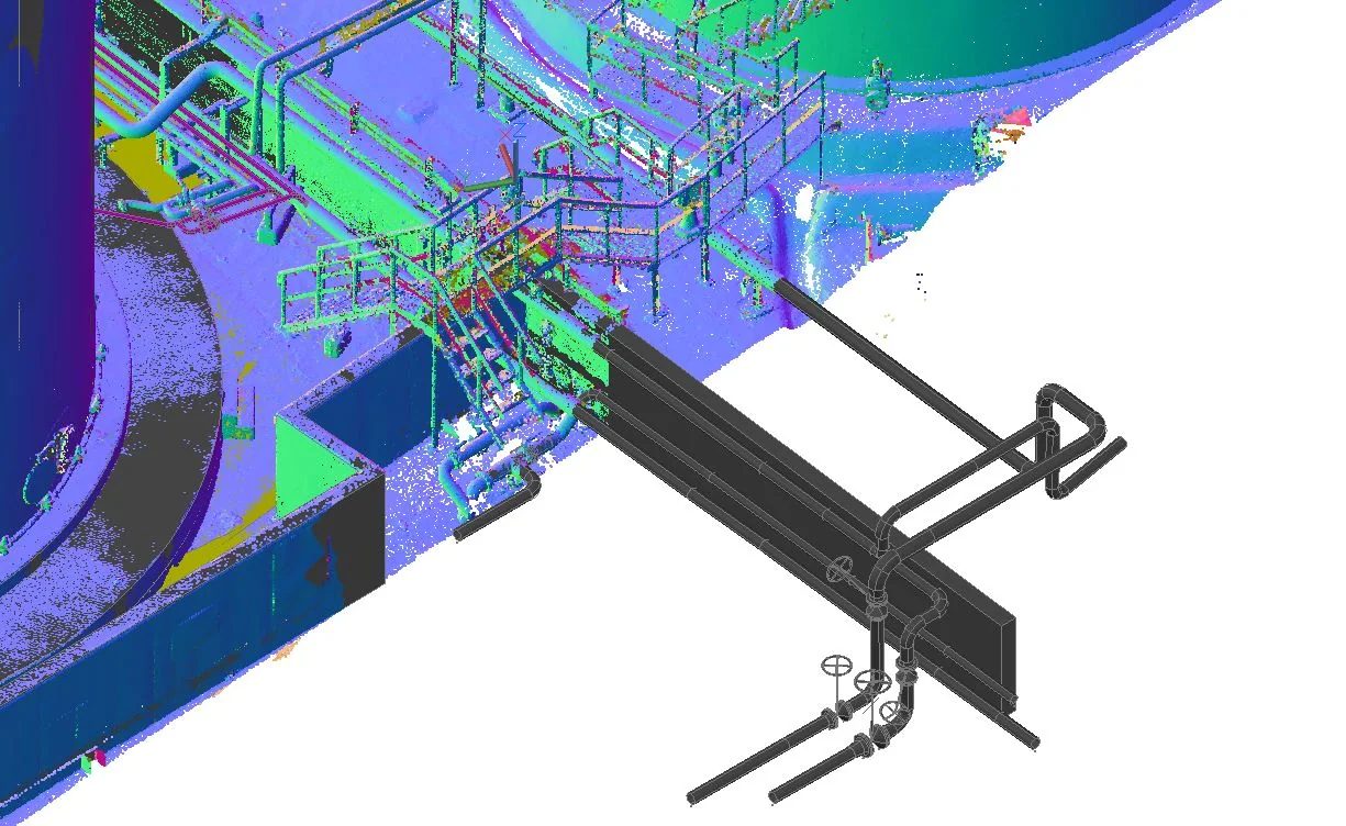 Mevcut bir tesisin lazer tarama nokta bulutu ve üzerine yerleştirilmiş yeni 3D boru köprüsü modeli