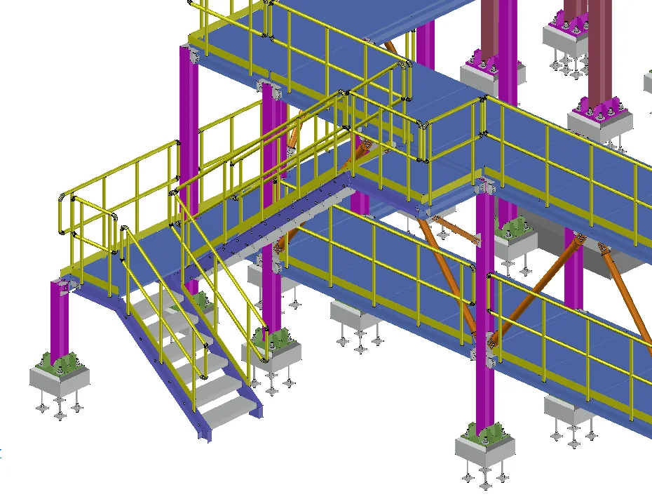Platformlar, merdivenler, korkuluklar ve kolon taban plakalarıyla 3D çelik yapı modeli